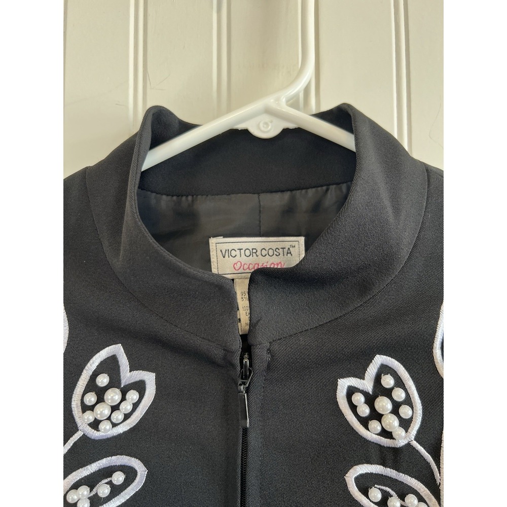 victor costa occasion jacket Women XS Black With White Flowers VTG Embroidered - Picture 4 of 12